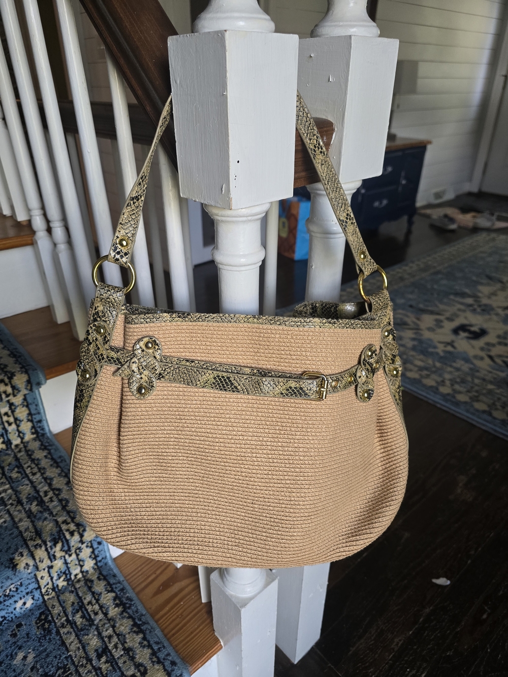 Beige Woven Shoulder Bag with Snake-Print Trim